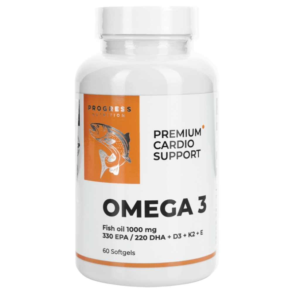 Progress Nutrition - Omega 3 Fish Oil 1000mg 330mg EPA / 220mg DHA + D3 + K2 + Vitamin E - Фото №1